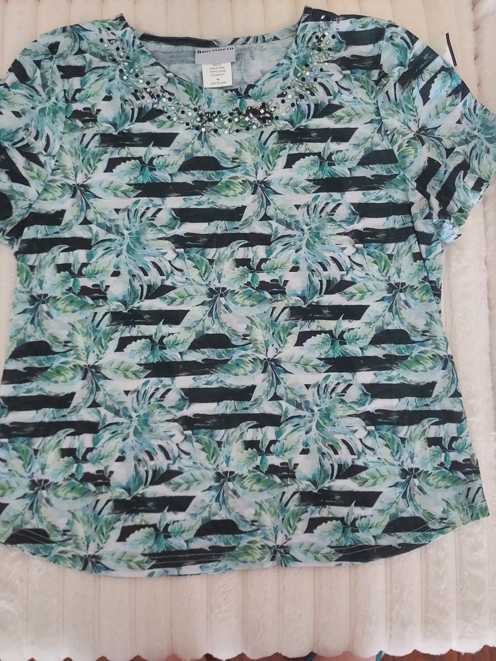 BonWorth Aqua, Black & White Striped Floral Short Sleeve Top